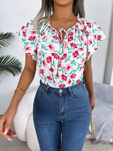 Load image into Gallery viewer, Floral Tie Neck Flutter Sleeve Blouse
