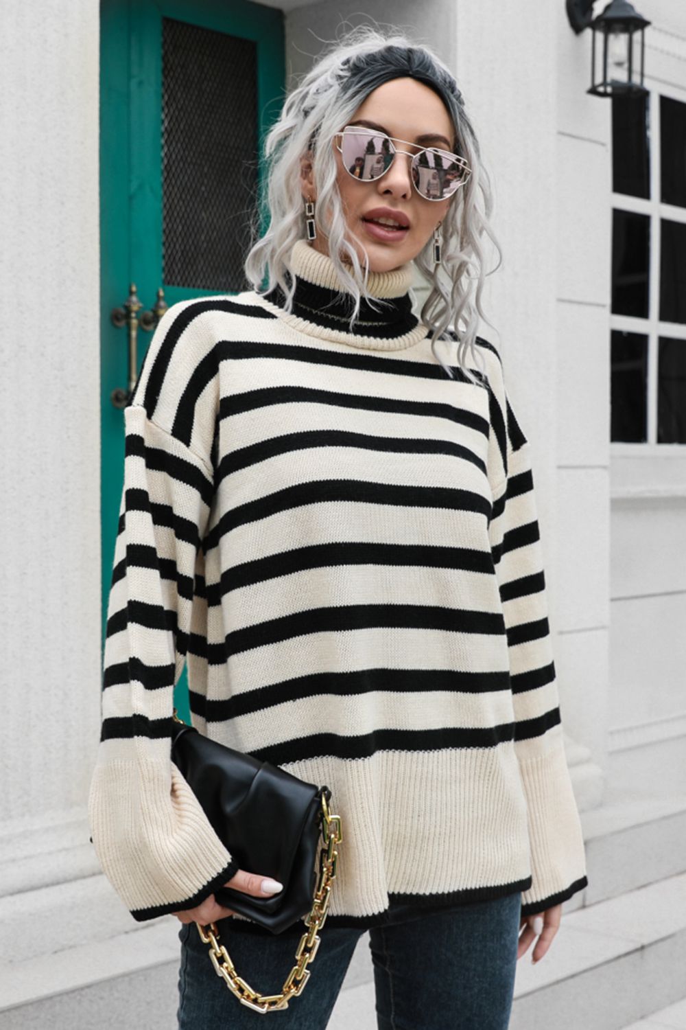 Striped Turtleneck Drop Shoulder Sweater - Sizes S-L