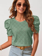 Load image into Gallery viewer, Eyelet Round Neck Puff Sleeve Blouse
