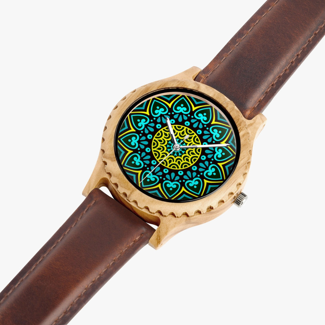 Ti Amo I love you - Exclusive Brand - Teal Pattern - Unisex Designer Italian Olive Wood Watch - Leather Strap