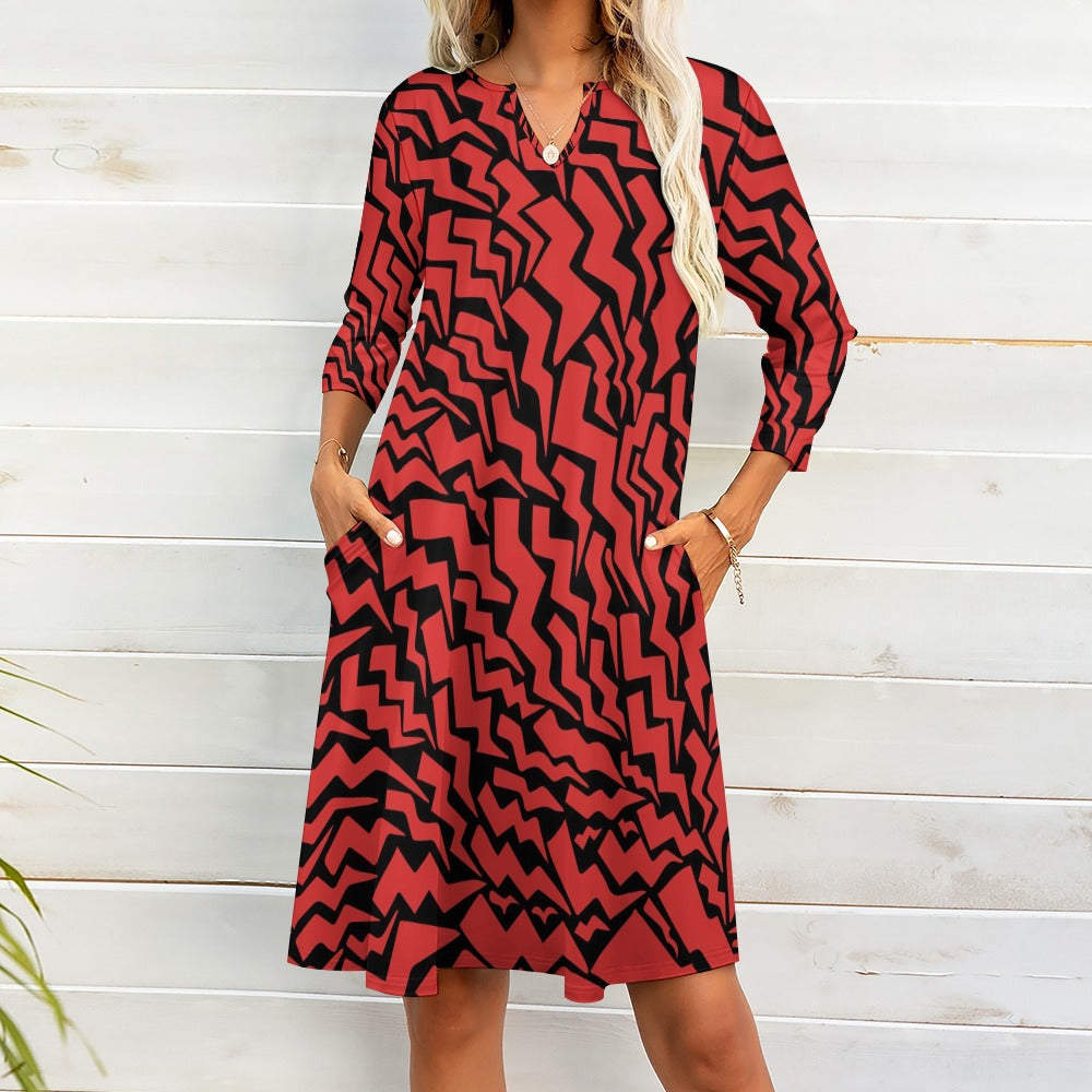 Ti Amo I love you - Exclusive Brand - Red & Black -  7-point Sleeve Dress - Sizes S-5XL