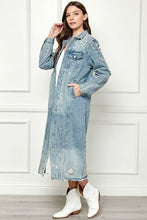 Load image into Gallery viewer, Veveret Full Size Distressed Raw Hem Pearl Detail Button Up Jacket
