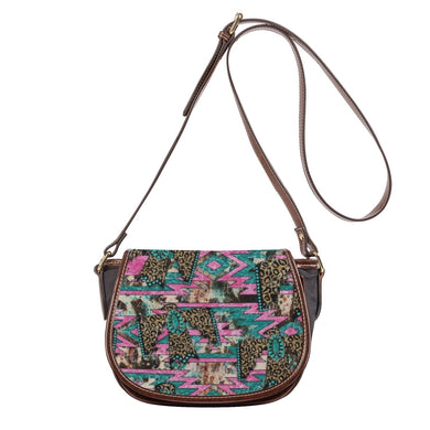 Ti Amo I love you - Exclusive Brand -Pink & Teal with Leopard Eagles - PU Leather Flap Saddle Bag