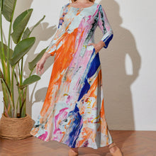 Load image into Gallery viewer, Ti Amo I love you - Exclusive Brand - Pale Green with Orange /Blue /Pink - Abstract - Womens Plus Size - Long Dress / Long Sleeves - Loose Crew Neck Long Sleeve Long Dress - Sizes XL-5XL
