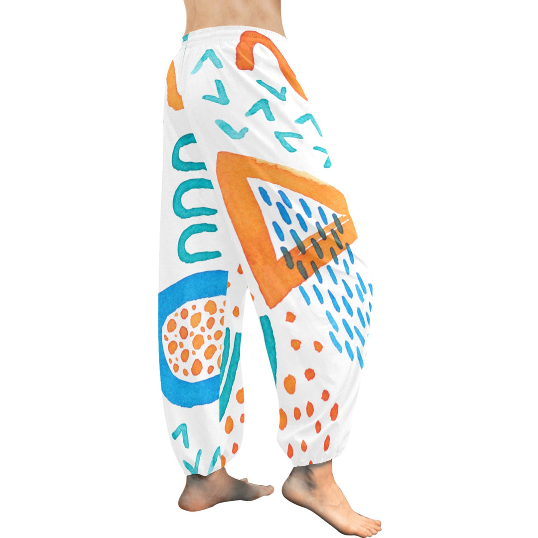 Ti Amo I love you  - Exclusive Brand - White with Orange & Blue Geometrical Shapes - Women's Harem Pants - Sizes XS-2XL