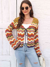 Load image into Gallery viewer, Striped Openwork Tied Cardigan
