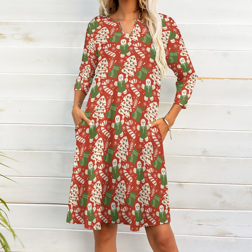 Ti Amo I love you - Exclusive Brand  - Christmas - Red & Green - Tree & Gingerbread - 7-point Sleeve Dress - Sizes S-5XL