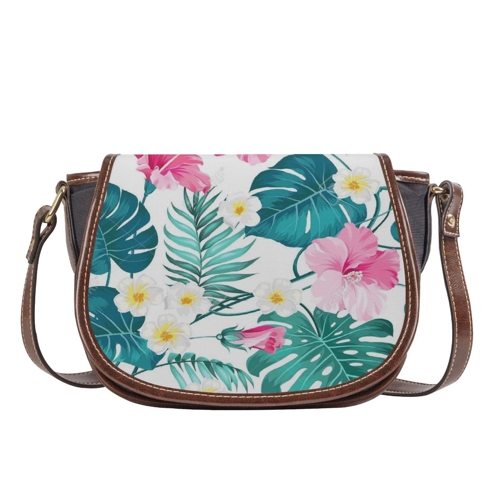 Ti Amo I love you - Exclusive Brand - Tropical Flower & Leaf - PU Leather Flap Saddle Bag One Size
