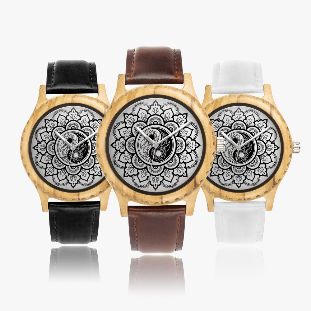 Ti Amo I love you - Exclusive Brand - Yin & Yang Mandala - Unisex Designer Italian Olive Wood Watch - Leather Strap 45mm Black
