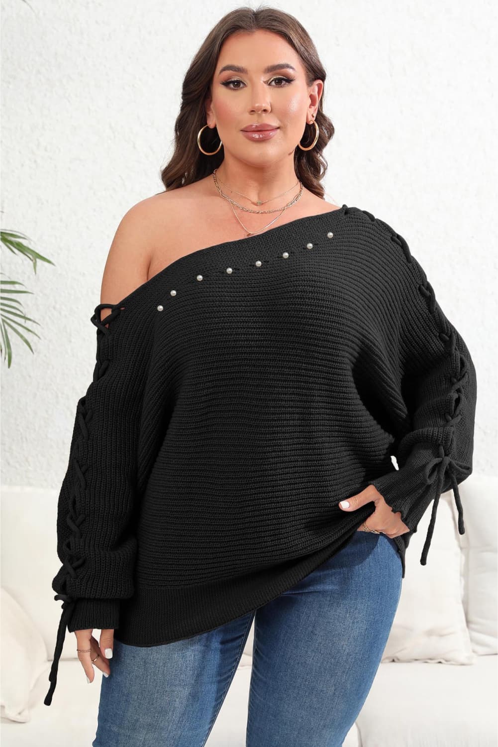 Womens Plus Size - One Shoulder Beaded Sweater