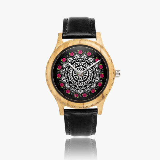 Ti Amo I love you - Exclusive Brand - Rose Mandala - Womens Designer Italian Olive Wood Watch - Leather Strap