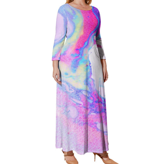 Ti Amo I love you - Exclusive Brand - Hot Pink - Purple & Pink Abstract - Womens Plus Size - Long Dress / Long Sleeves - Loose Crew Neck Long Sleeve Long Dress - Sizes XL-5XL