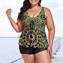 Load image into Gallery viewer, Ti Amo I love you - Exclusive Brand - Chalet Green 2, Bourbon &amp; Black Geometrical Pattern - Women&#39;s Plus Size Split 2pc Swimsuit - Sizes XL-6XL
