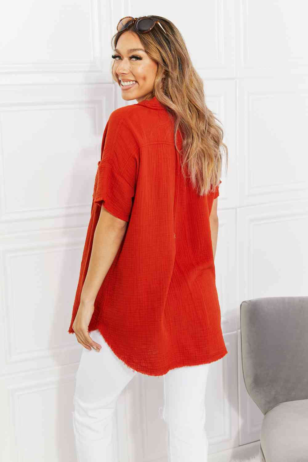 Zenana Full Size Summer Breeze Gauze Short Sleeve Shirt in Red Orange