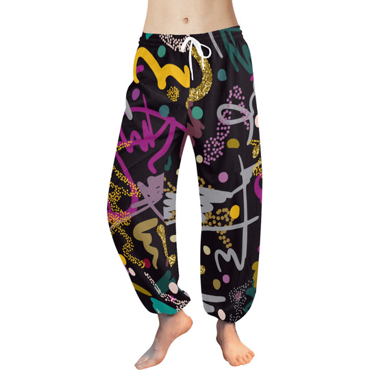 Ti Amo I love you - Exclusive Brand  - Black with Colorful Squiggles - Women's Harem Pants - Sizes XS-2XL