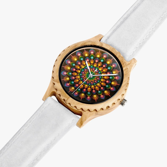 Ti Amo I love you - Exclusive Brand - Mandala - Womens Designer Italian Olive Wood Watch - Leather Strap 45mm White