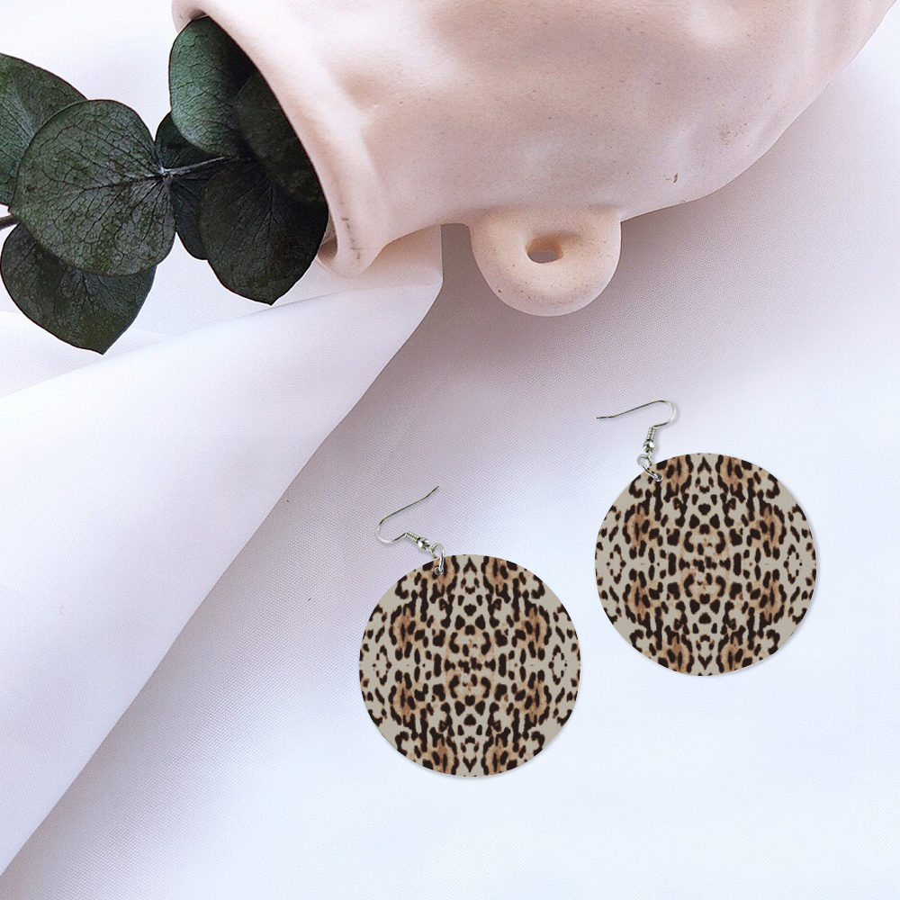 Ti Amo I love you - Exclusive Brand -Ash with Indian Khaki & Cocoa Brown Leopard spots  - Geometric Round Wooden Earrings