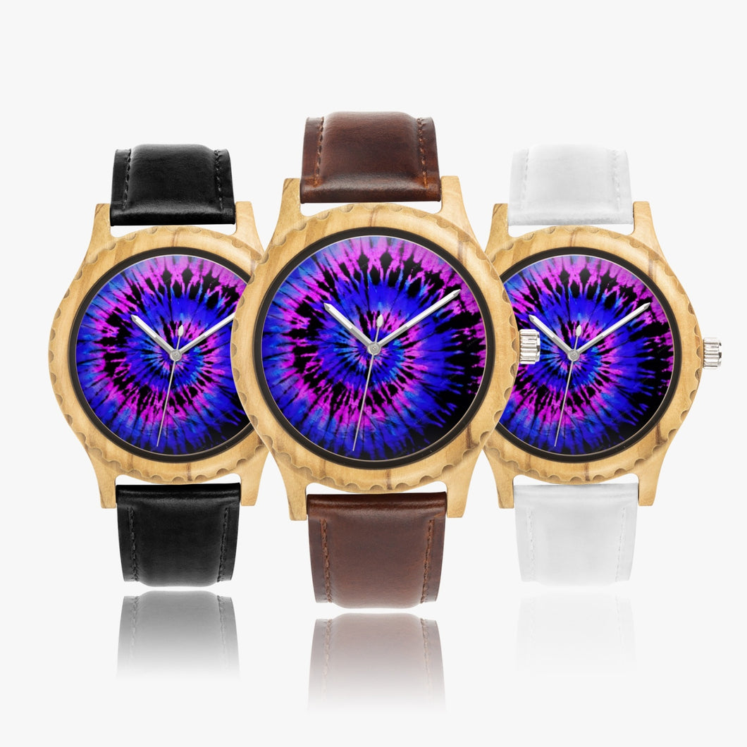 Ti Amo I love you - Exclusive Brand - Persian Blue & Heliotrope - Tie-Dye - Unisex Designer Italian Olive Wood Watch - Leather Strap 45mm Black