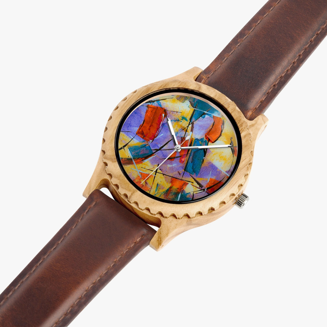 Ti Amo I love you - Exclusive Brand - Geometrical Painted Pattern - Unisex Designer Italian Olive Wood Watch - Leather Strap