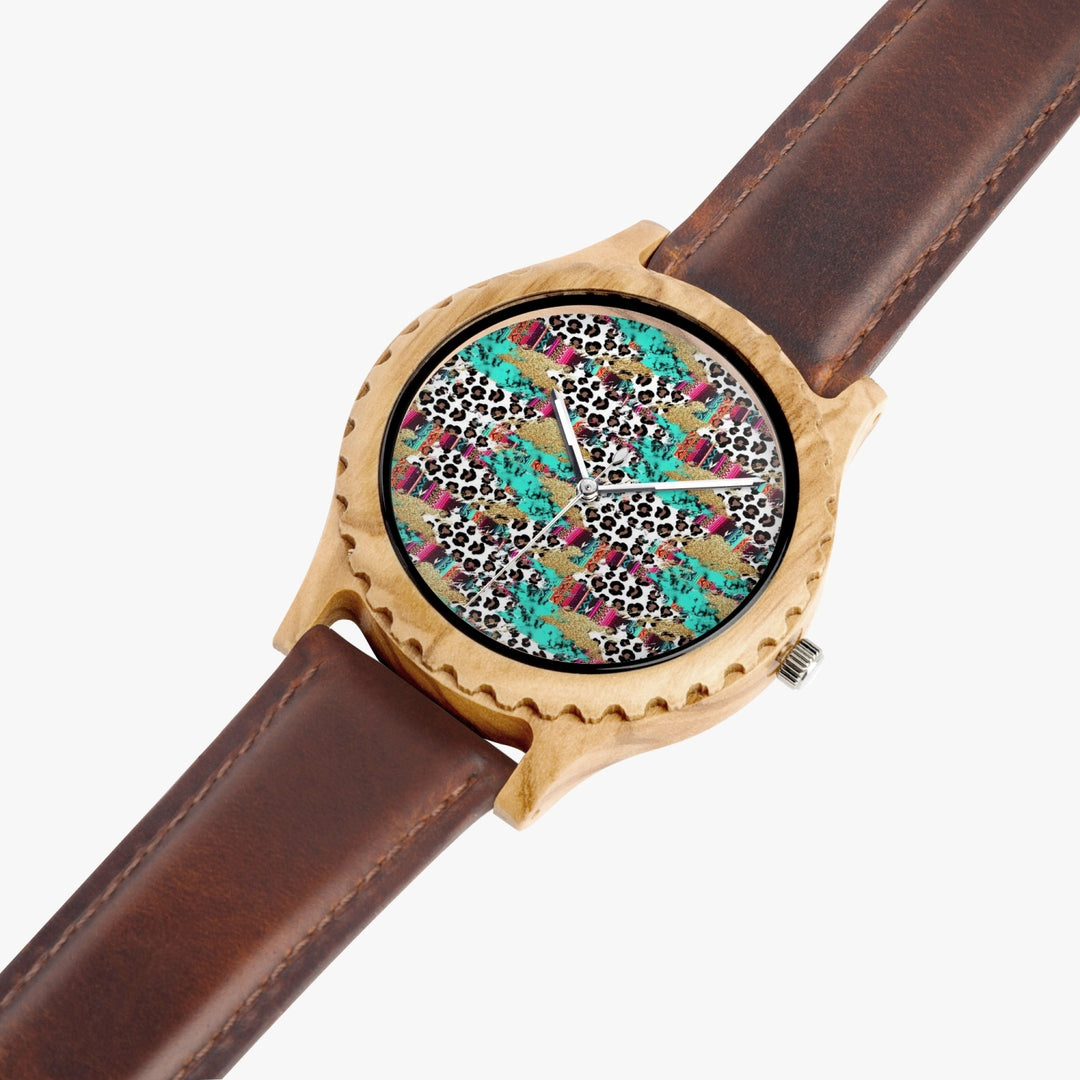 Ti Amo I love you - Exclusive Brand - Leopard & Teal Pattern - Womens Designer Italian Olive Wood Watch - Leather Strap