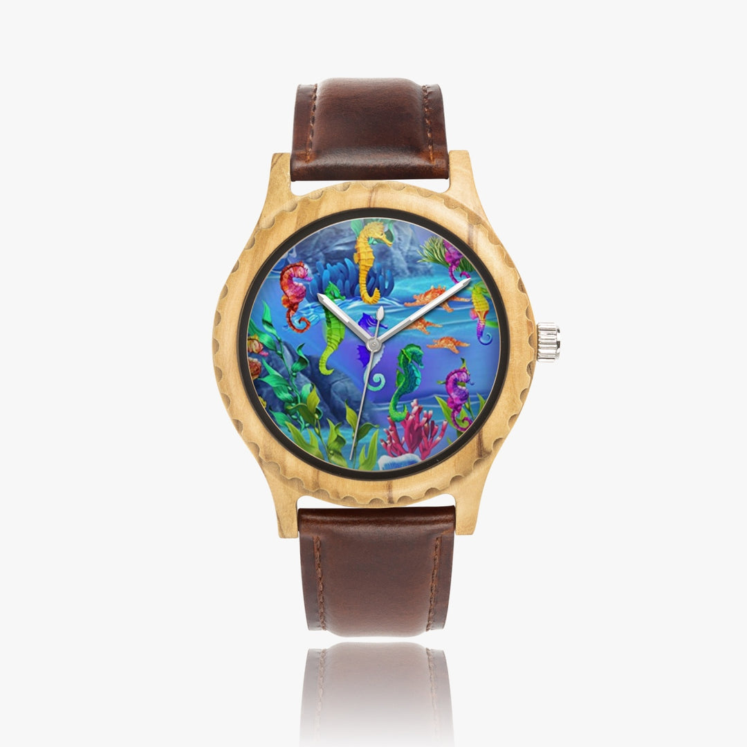 TI Amo I love you - Exclusive Brand - Seahorse - Unisex Designer Italian Olive Wood Watch - Leather Strap 45mm Brown