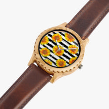 Load image into Gallery viewer, Ti Amo I love you - Exclusive Brand  - Black &amp; White Stripes with Sunflowers - Italian Olive Lumber Wooden Watch - Leather Strap
