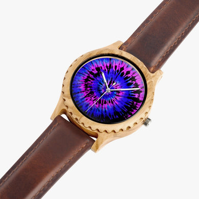 Ti Amo I love you - Exclusive Brand - Persian Blue & Heliotrope - Tie-Dye - Unisex Designer Italian Olive Wood Watch - Leather Strap