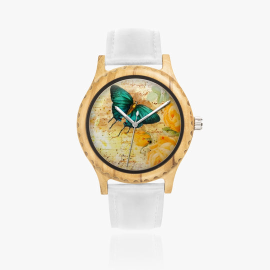 Ti Amo I love you - Exclusive Brand - Butterfly - Womens Designer Italian Olive Wood Watch - Leather Strap 45mm White