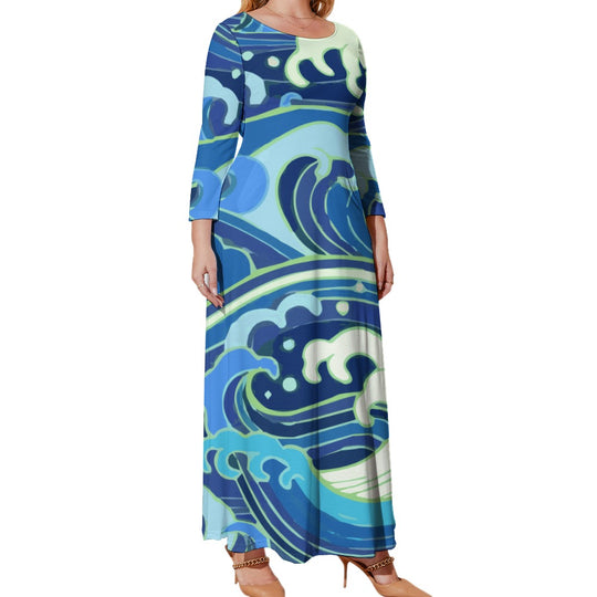 Ti Amo I love you - Exclusive Brand - Blue Wave Pattern - Womens Plus Size - Long Dress/ Long Sleeves -  Loose Crew Neck Long Sleeve Long Dress - Sizes XL-5XL