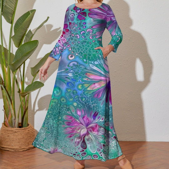 Ti Amo I love you - Exclusive Brand - Green & Purple Floral - Long Dress / Long Sleeves - Womens Plus Size - Loose Crew Neck Long Sleeve Long Dress - Sizes XL-5XL
