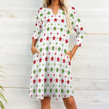 Load image into Gallery viewer, Ti Amo I love you - Exclusive Brand - Christmas Red &amp; Green Star -  7-point Sleeve Dress - Sizes S-5XL
