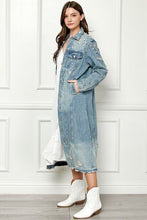 Load image into Gallery viewer, Veveret Full Size Distressed Raw Hem Pearl Detail Button Up Jacket
