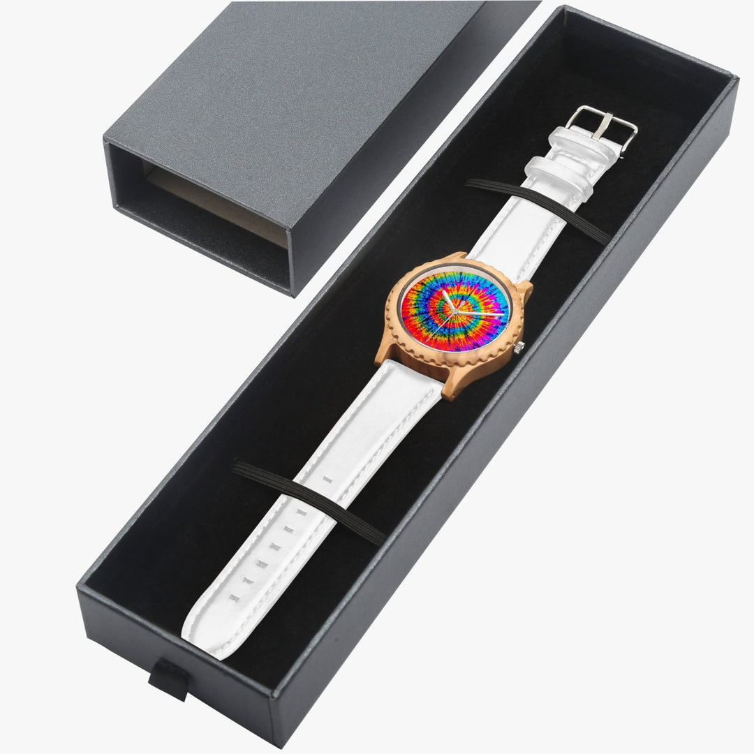 Ti Amo I love you - Exclusive Brand - Rainbow - Tie Dye - Unisex Designer Italian Olive Wood Watch - Leather Strap