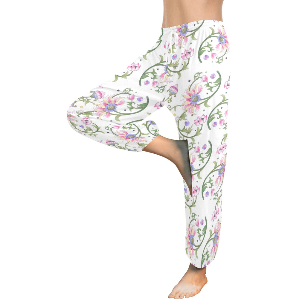 Ti Amo I love you  - Exclusive Brand - White with Pink Flowers - Women's Harem Pants - Sizes XS-2XL