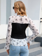 Load image into Gallery viewer, Womens - Black &amp; White - Floral Frill Trim Flounce Sleeve Drawstring Blouse
