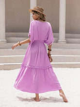 Load image into Gallery viewer, Tassel Trim Smocked V-Neck Short Sleeve Dress
