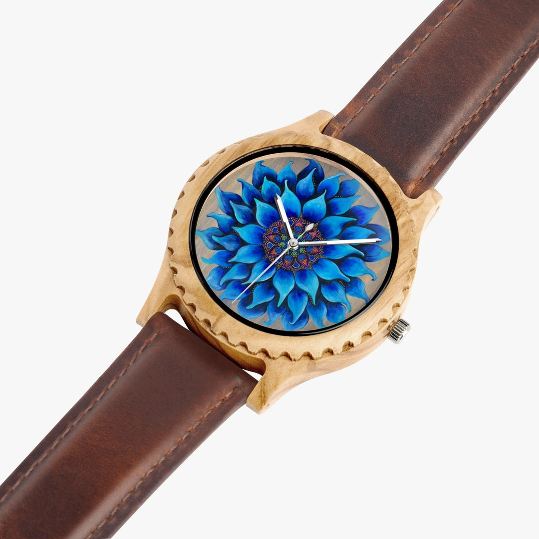 Ti Amo Iove you - Exclusive Brand - Blue Flower Mandala - Womens Designer Italian Olive Wood Watch - Leather Strap