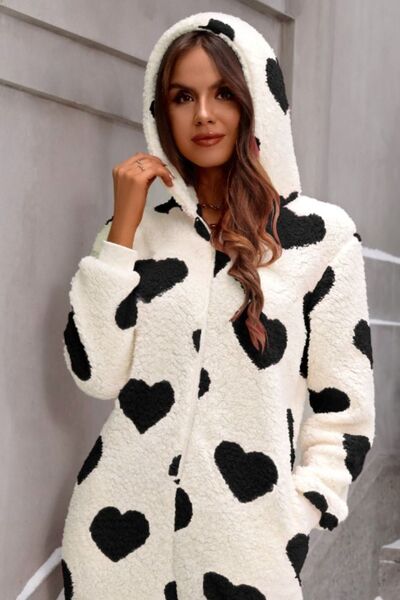 3 Colors - Fuzzy Heart Zip Up Hooded Lounge Jumpsuit