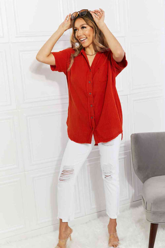 Zenana Full Size Summer Breeze Gauze Short Sleeve Shirt in Red Orange