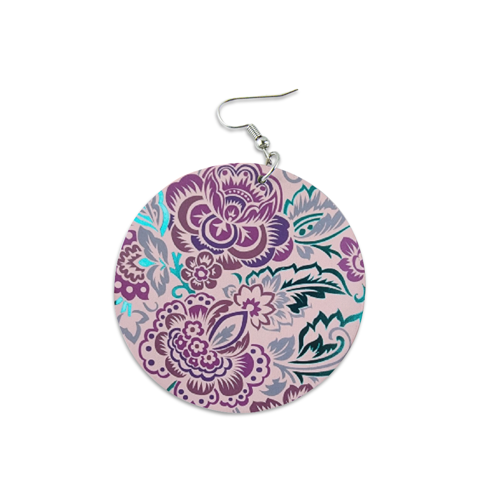 Ti Amo I love you - Exclusive Brand - Dusky Purple Floral - Geometric Round Wooden Earrings