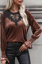 Load image into Gallery viewer, Lace Detail Round Neck Smocked Flounce Sleeve Blouse
