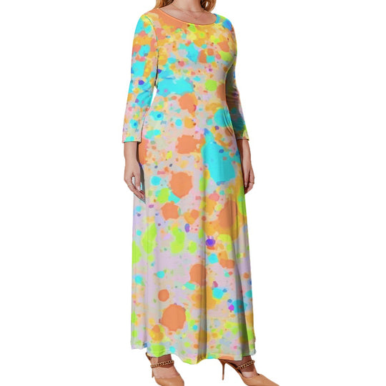 Ti Amo I love you - Exclusive Brand - Peach with Orange & Aqua Abstract - Long Dress / Long Sleeves -  Womens Plus Size - Loose Crew Neck Long Sleeve Long Dress - Sizes XL-5XL