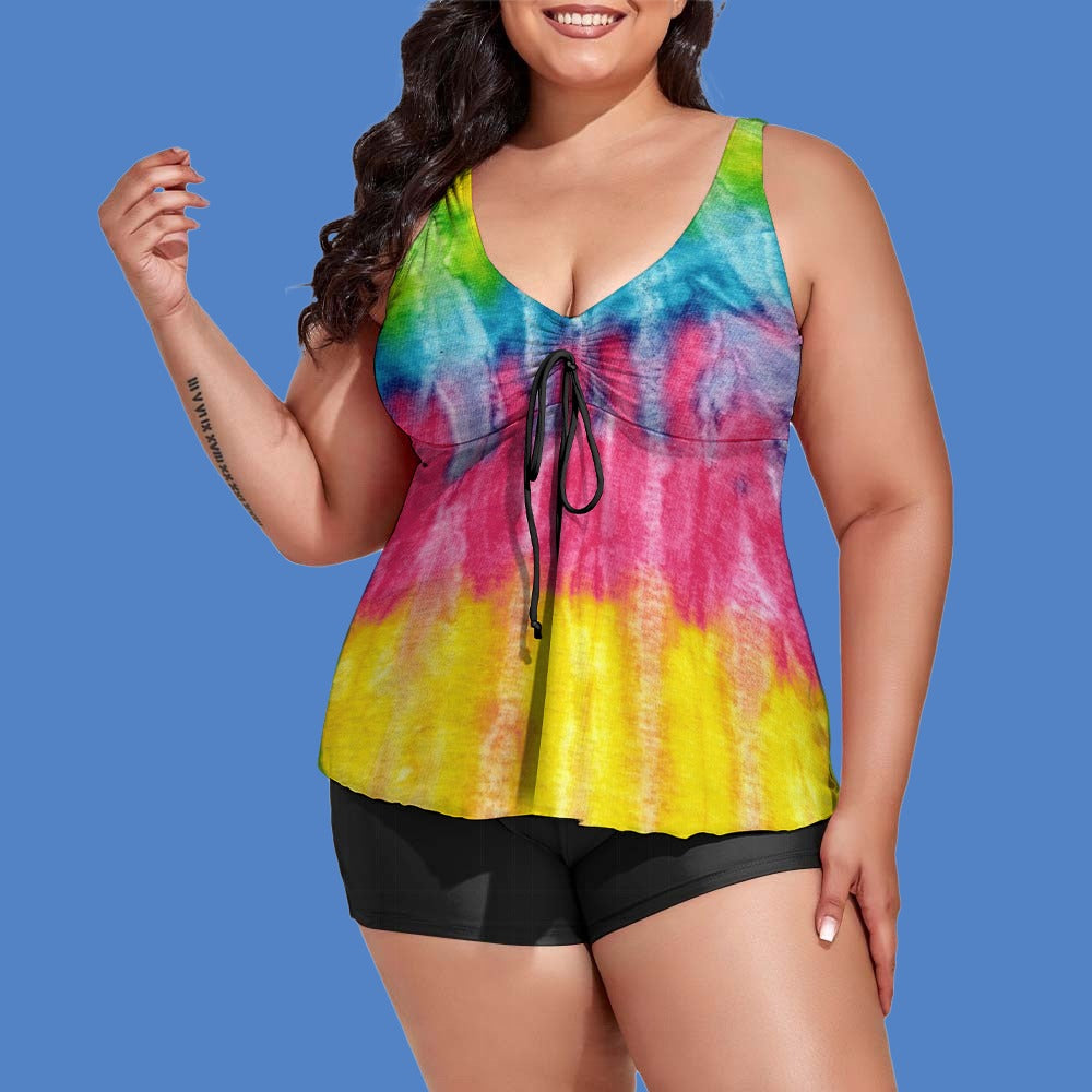Ti Amo I love you - Exclusive Brand  - Rainbow Tie-Dye - Womens Plus Size Drawstring 2pc Swimsuit - Sizes XL-6XL