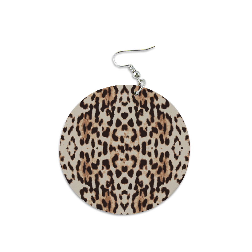 Ti Amo I love you - Exclusive Brand -Ash with Indian Khaki & Cocoa Brown Leopard spots  - Geometric Round Wooden Earrings