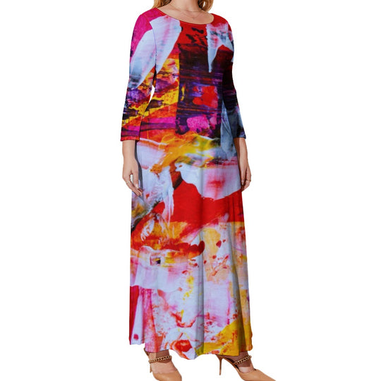 Ti Amo I love you - Exclusive Brand - Red White Orange Yellow Abstract - Long Dress/ Long Sleeves - Womens Plus Size - Loose Crew Neck Long Sleeve Dress - Sizes XL-5XL
