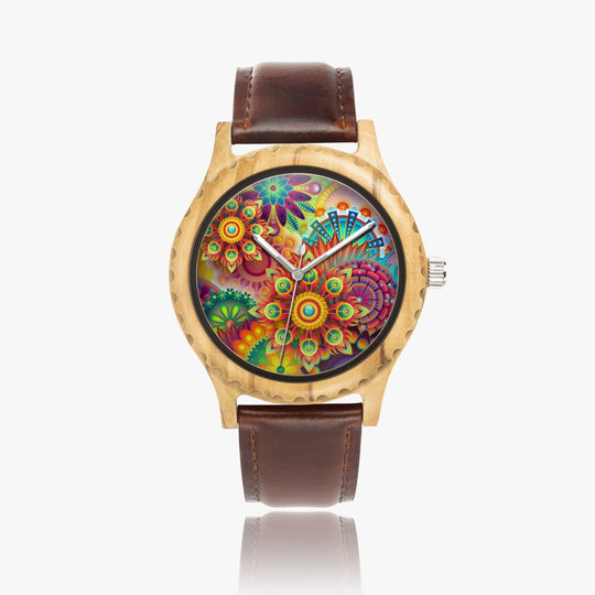 Ti Amo I love you - Exclusive Brand - Mandala Pattern - Unisex Designer Italian Olive Wood Watch - Leather Strap 45mm Brown