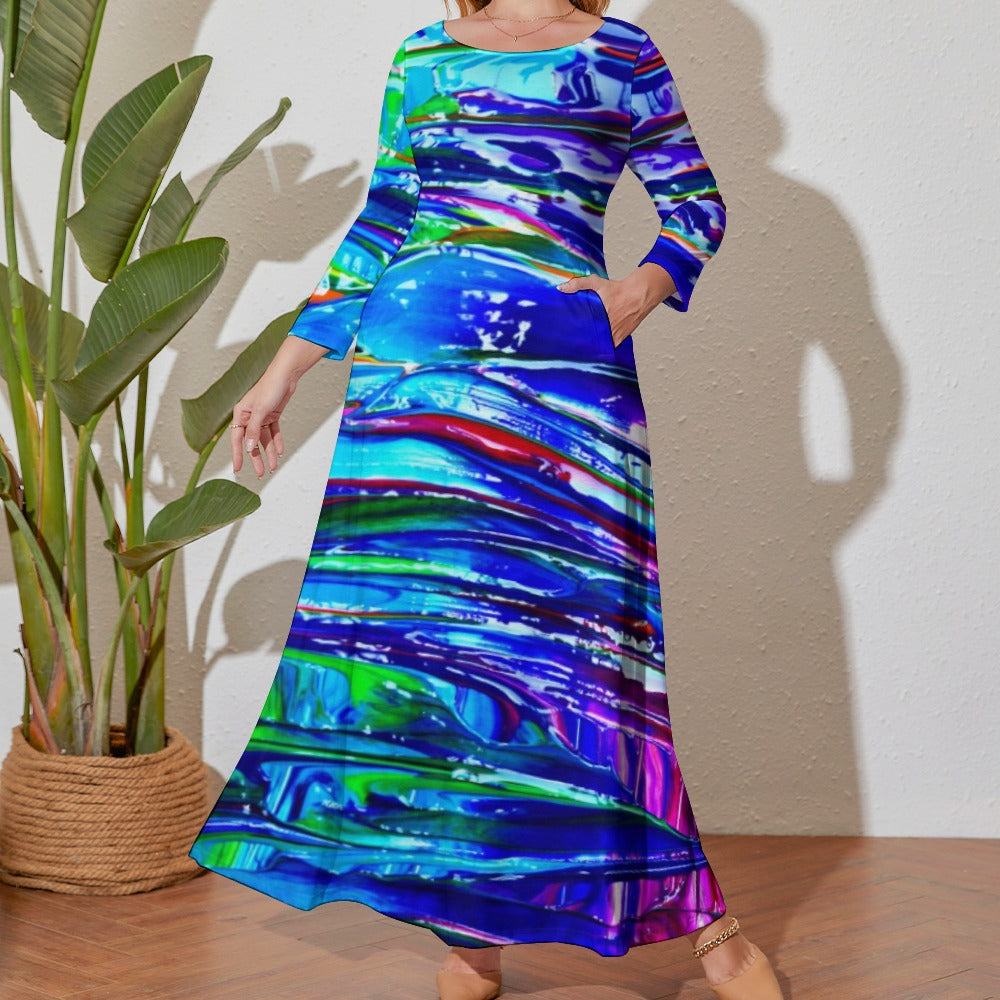 Ti Amo I love you - Exclusive Brand - Blue & Green Abstract - Womens Plus Size - Long Dress / Long Sleeves - Loose Crew Neck Long Sleeve Long Dress - Sizes XL-5XL