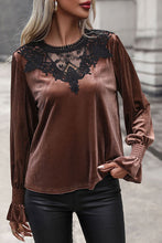 Load image into Gallery viewer, Lace Detail Round Neck Smocked Flounce Sleeve Blouse
