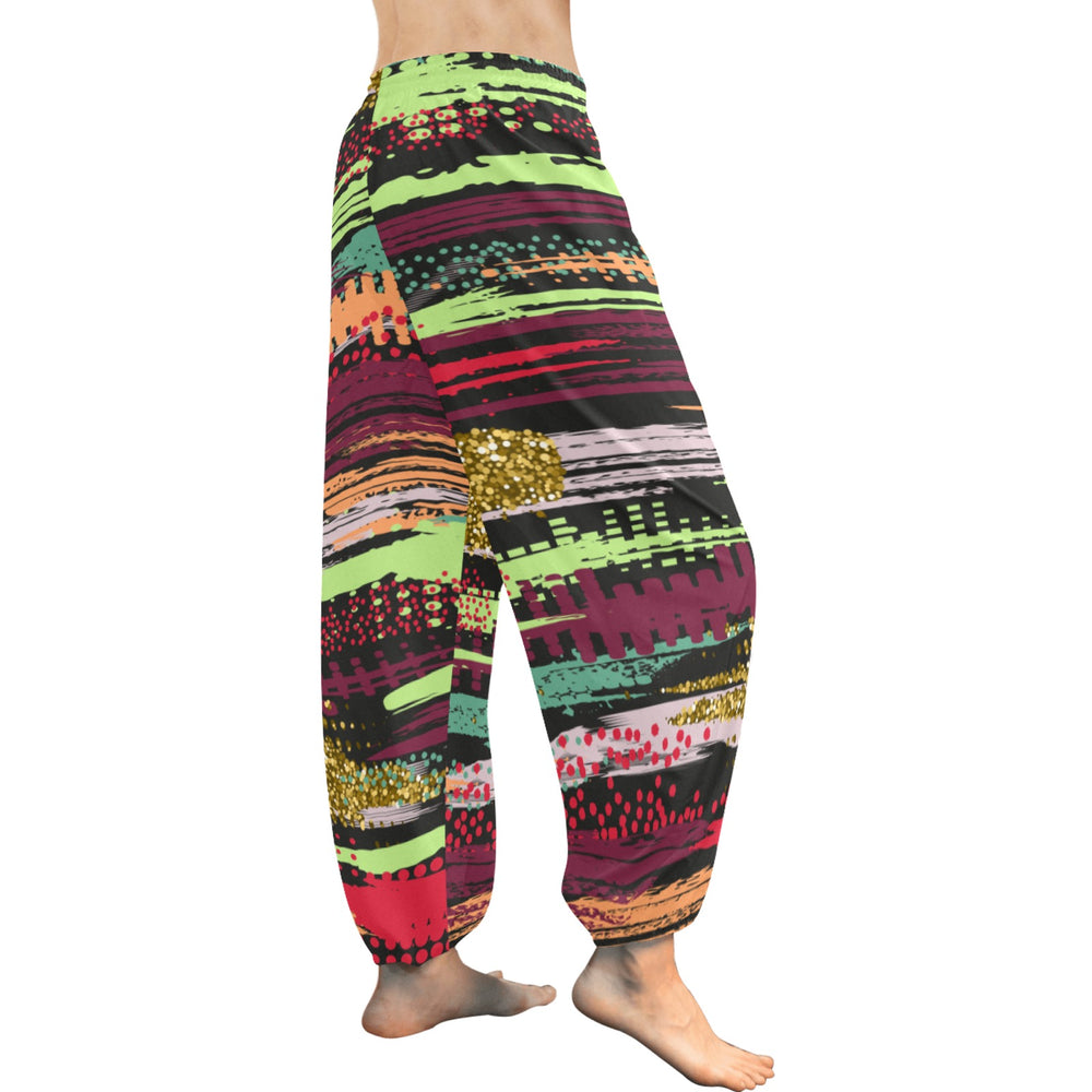 Ti Amo I love you  - Exclusive Brand  - Green Horizontal Colorful Stripes -  Women's Harem Pants - Sizes XS-2XL