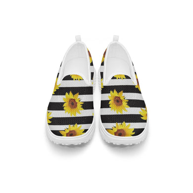 Ti Amo I love you - Exclusive Brand - Black & White Stripes with Sunflowers - Women's Slip-On Mesh Rocking Shoes